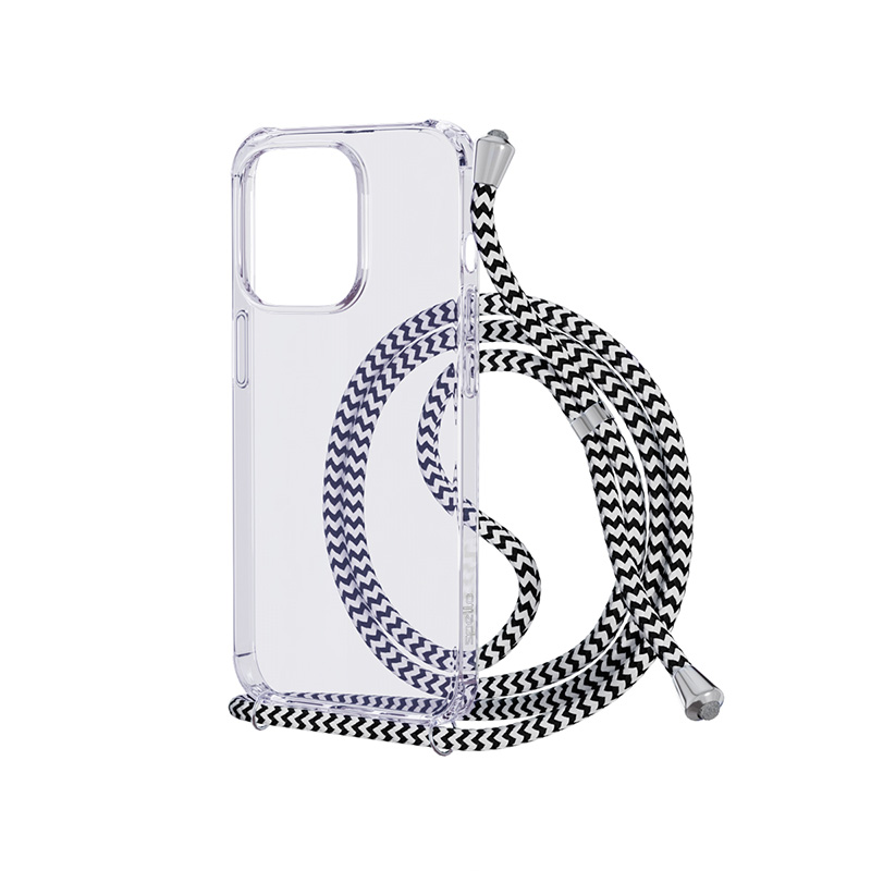 Spello Crossbody Strap Case for iPhone 15 - transparent / black- white strap