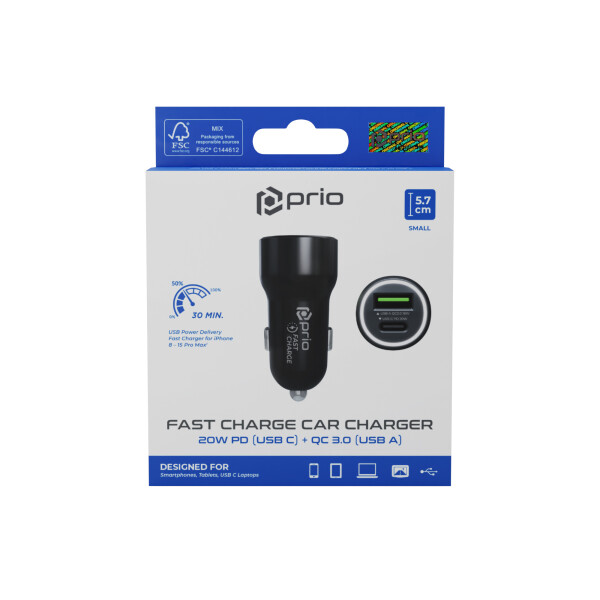 prio Fast Charge Car Charger 20W PD (USB C) + QC 3